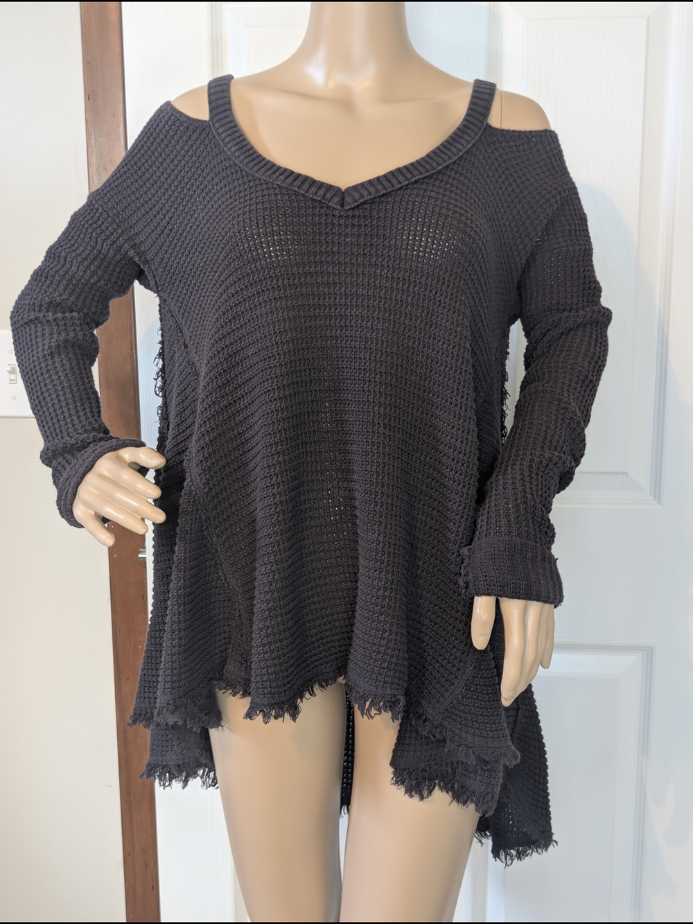 Free People Black Moonshine Cold Shoulder Waffle Knit Sweater-XS 100% Cotton